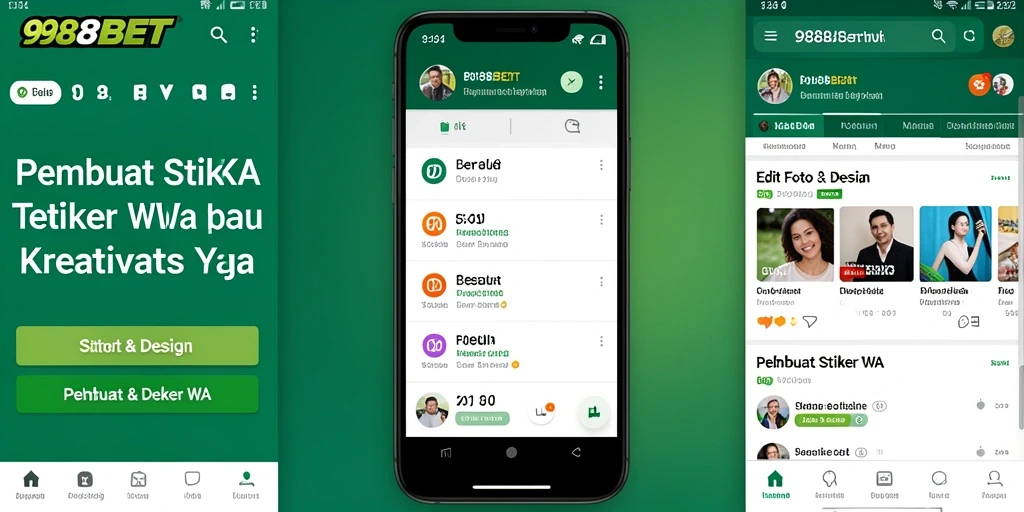 Screenshot aplikasi 988BET menampilkan antarmuka pembuatan stiker WhatsApp.