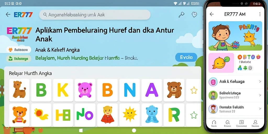 Tampilan antarmuka aplikasi ER777 yang menarik untuk belajar huruf dan angka.