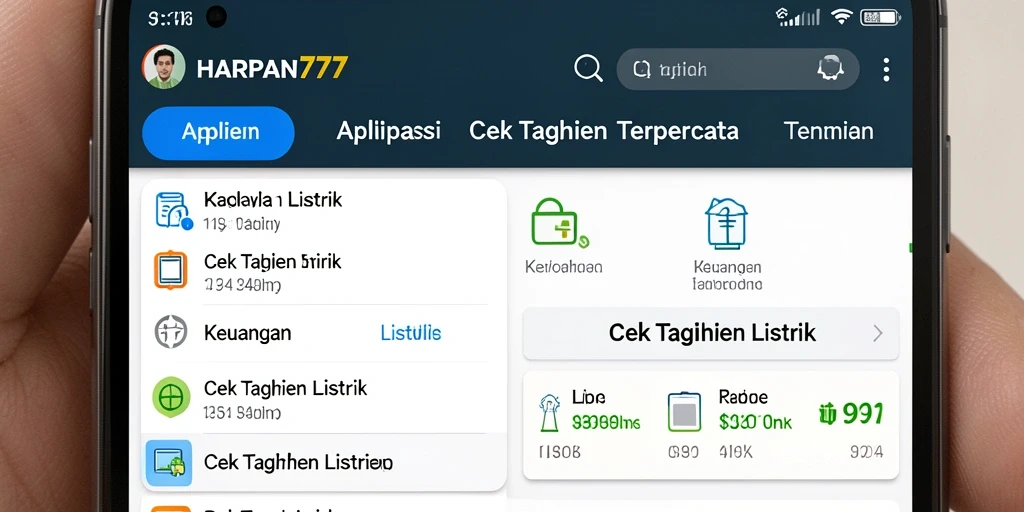 Tampilan antarmuka aplikasi HARAPAN777 untuk cek tagihan listrik.